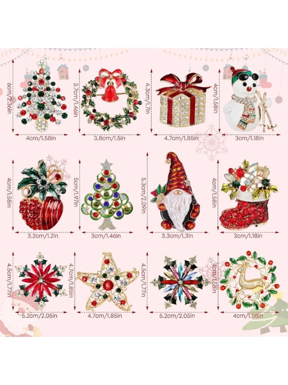 12PCS Festive Christmas Brooch Set for Women - Holiday Pins & Accessories